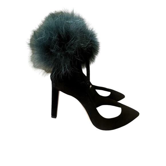 NEW Jimmy Choo Black Rosa 100 Fox Fur Pom-pom Suede D'orsay Ankle-strap Pumps 38 - Picture 6 of 8
